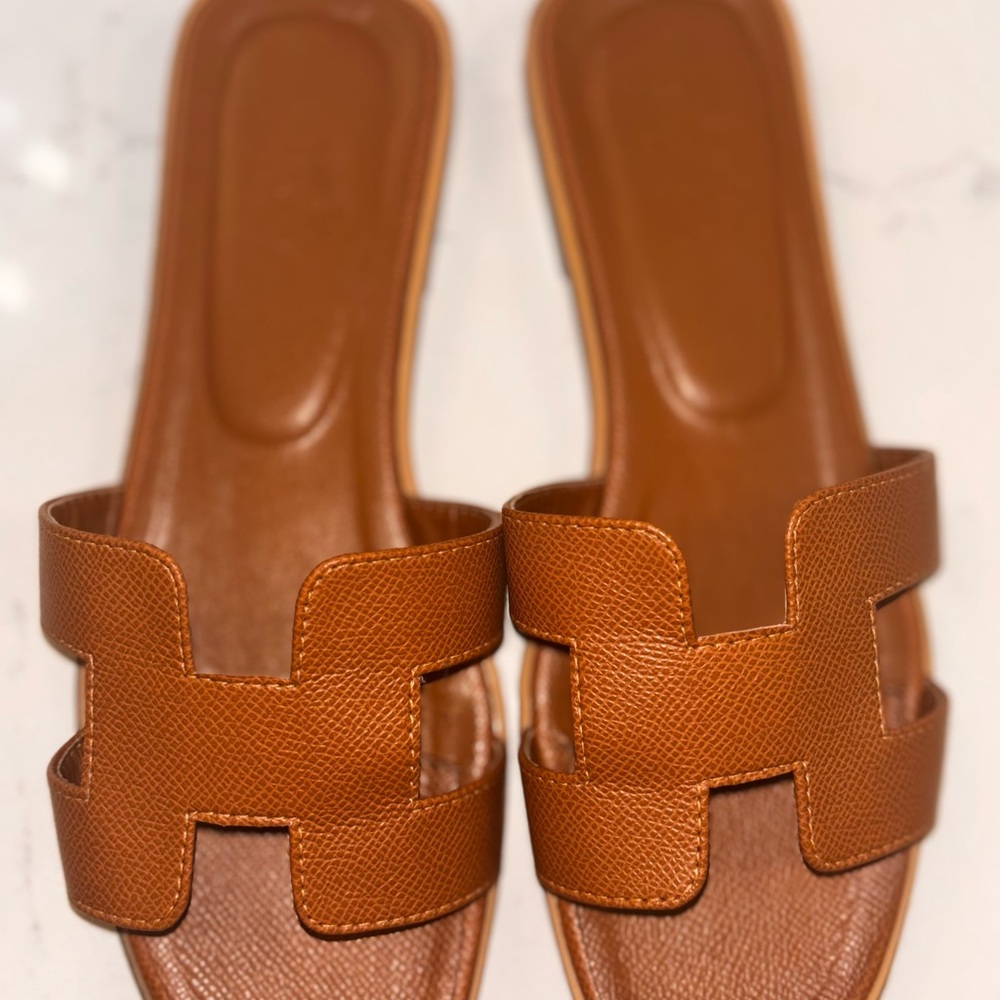 Brown Leather Slide Sandals
